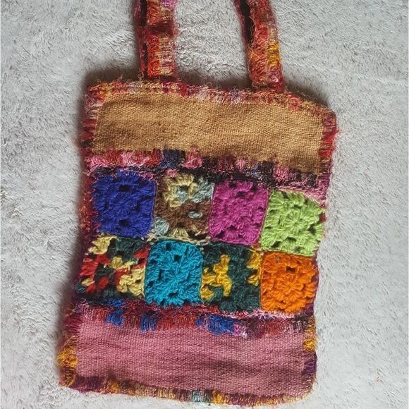 Crochet boho granny square & burlap tote bag - Picture 2 of 6